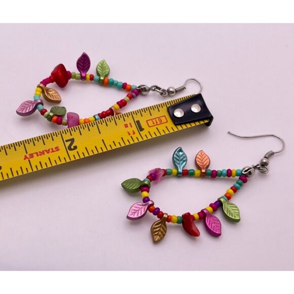 Colorful Beaded Leaf Earrings Teardrop Dangle Boho Jewelry - Picture 3 of 6